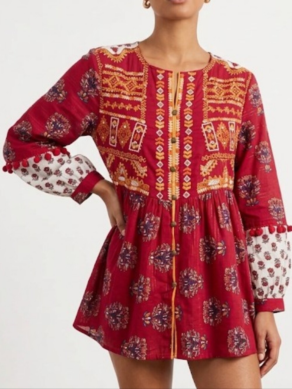 Ethnie by Outfitters Boho-Inspired Red Embroidered Girls Peasant Top